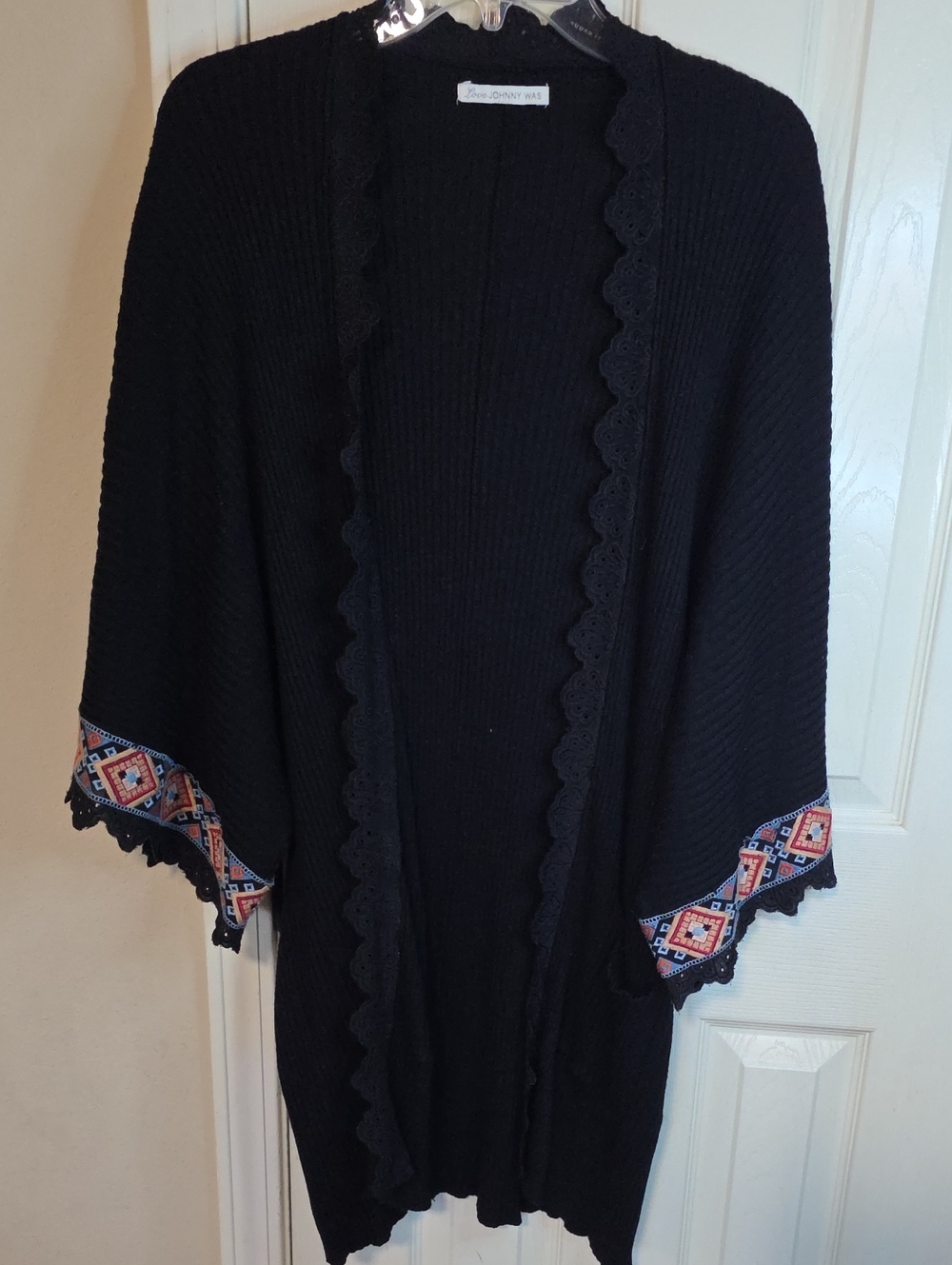 Johnny Was Black Embroidered Sleeve Open-Front Poncho Cardigan, Bohemian.